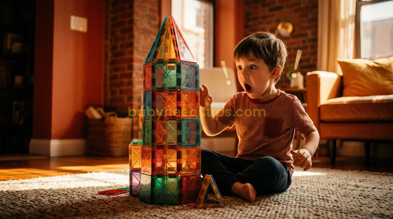 A wide, cinematic shot showing a 4-year-old boy in a sunlit Brooklyn apartment, sitting on a rug and building a complex tower with translucent magnetic tiles. Warm natural light, 16:9 ratio.