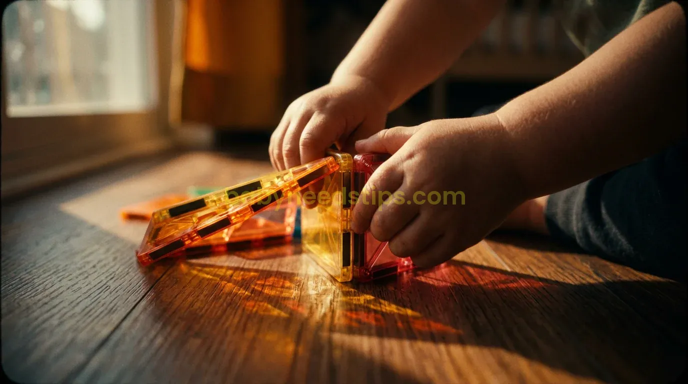 A close-up, cinematic shot of a toddler's hands clicking two vibrant, translucent magnetic tiles together. The sunlight shines through the tiles, casting colorful shadows on a wooden floor. 16:9 ratio.