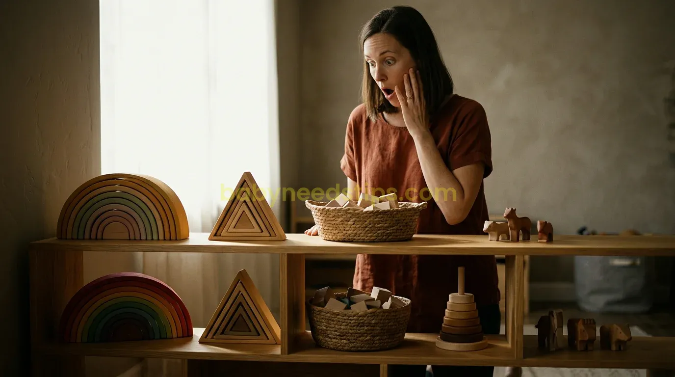 A wide, cinematic shot of a minimalist, well-organized playroom. Low wooden shelves display exactly five high-quality toys, including a wooden rainbow and a basket of blocks. 16:9 ratio.