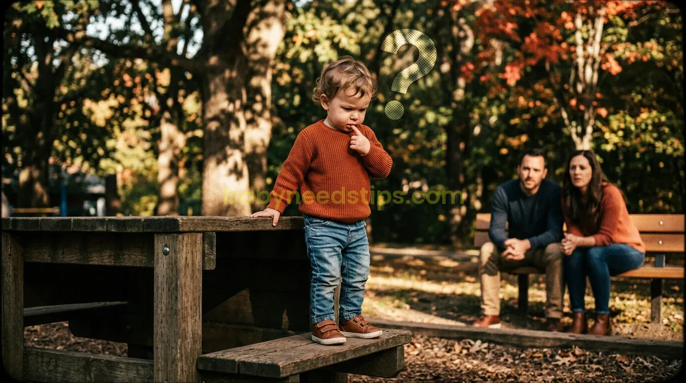 A wide, cinematic shot of a determined toddler preparing to jump off a low wooden playground step, sunlight filtering through green trees, parents watching closely in the background.