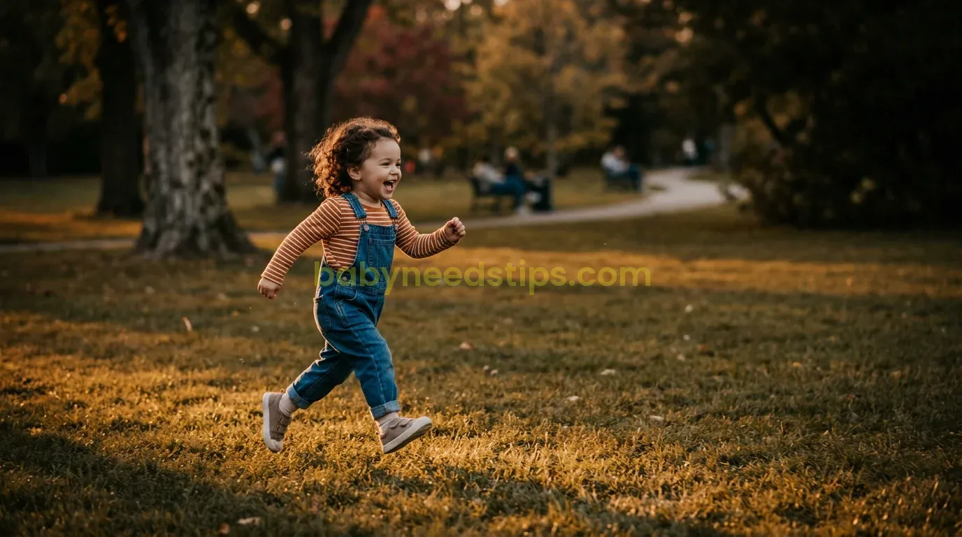 A wide-angle, dynamic photo of a two-year-old girl running across a grassy park, laughing, with one foot fully off the ground, displaying a natural flight phase in motion.