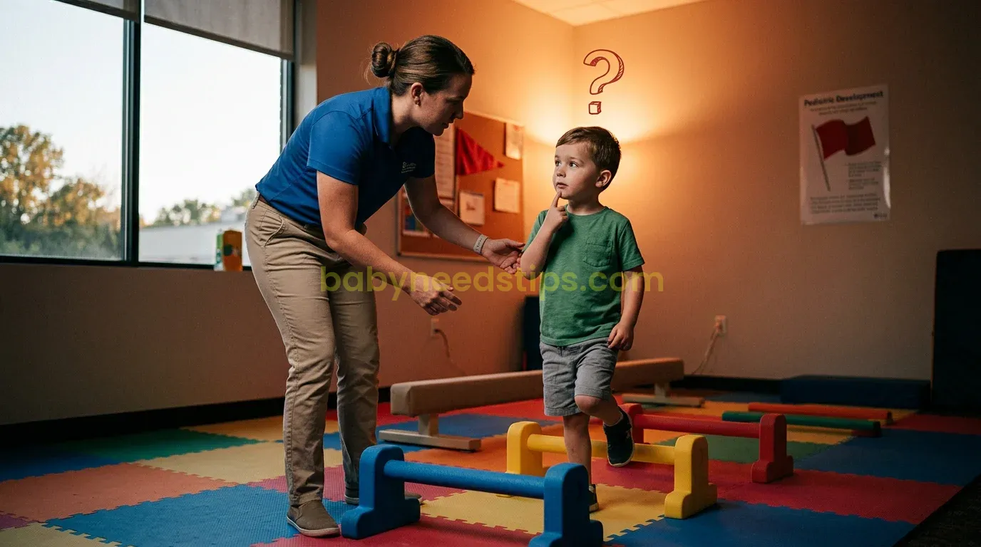 A bright, welcoming pediatric physical therapy room with colorful foam mats and a small balance beam, where a therapist is guiding a young boy as he practices stepping over small hurdles.